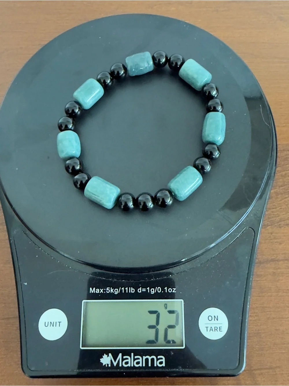 Blue Water Jade Barrel and Black Obsidian Bead Stretchable Bracelet